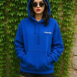 COPYRIGHT Blue Hooded Graphic Sweatshirt, M